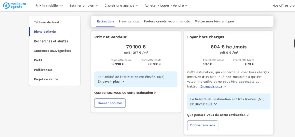 estimation d'un bien sur meilleurs agents