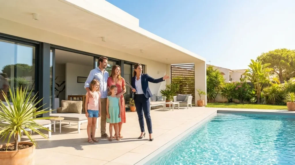 Visite d'une maison avec piscine pendant l'été