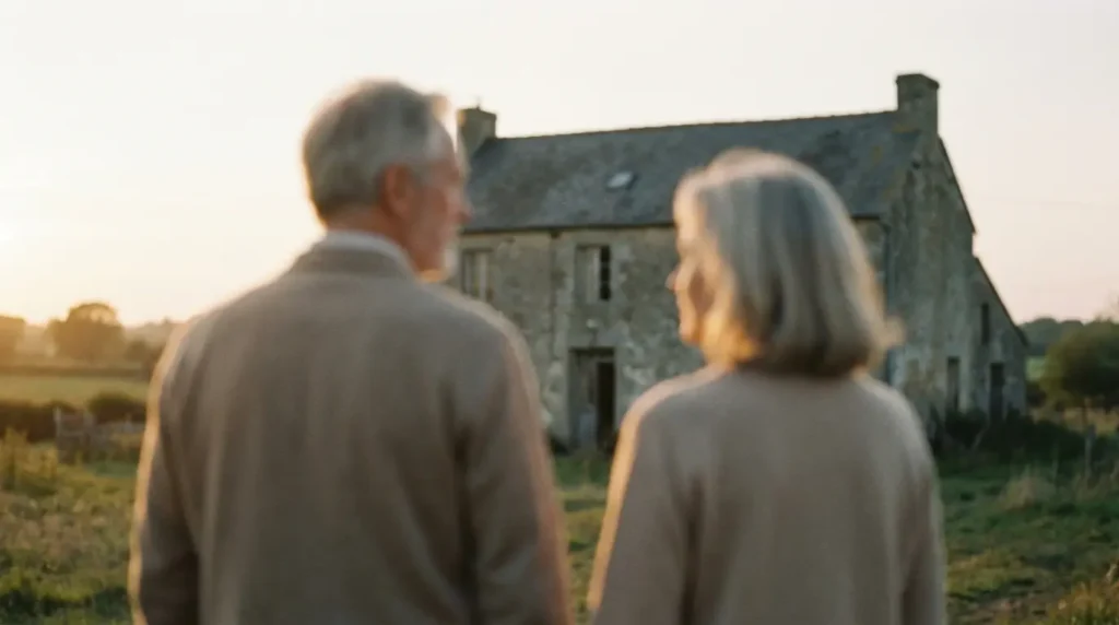Couple senior face à leur maison à vendre