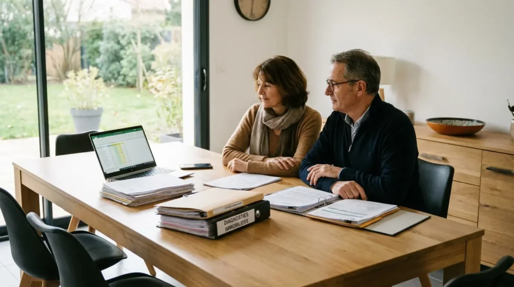 Couple en pleine estimation du prix de leur bien immobilier
