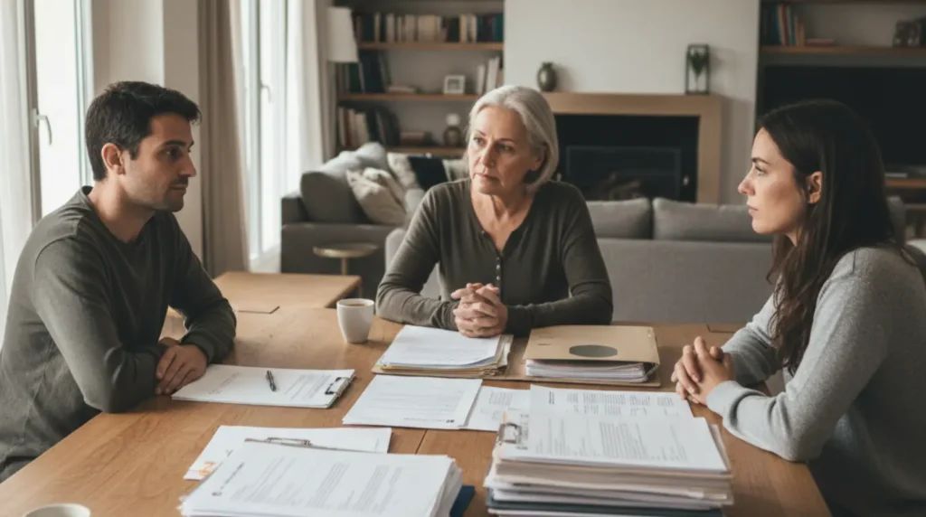 Mère et ses enfants en discussion pour trouver un terrain d'entente sur la vente d'une maison