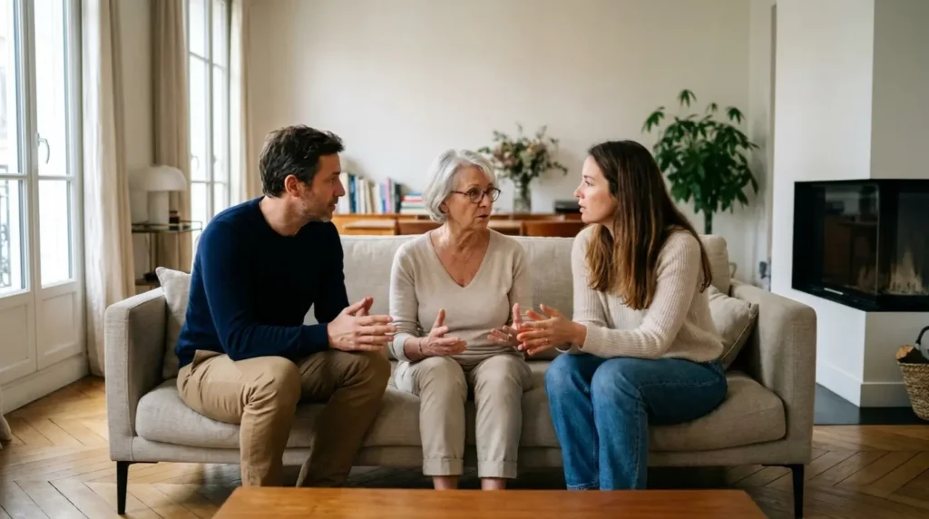 Mère et ses enfants en discussion pour la vente de la maison familiale