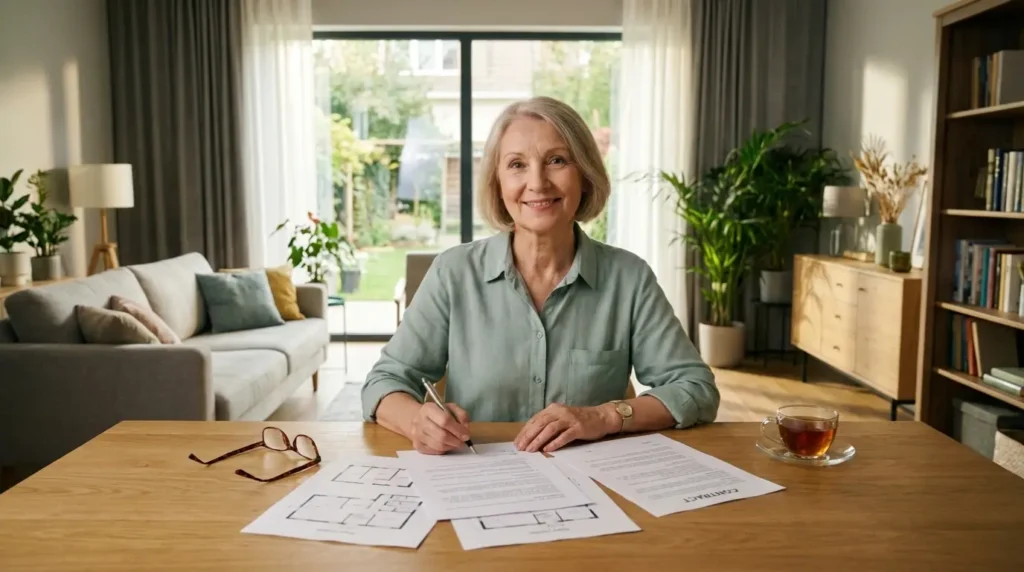Femme senior signant les documents essentiels à la vente de sa maison