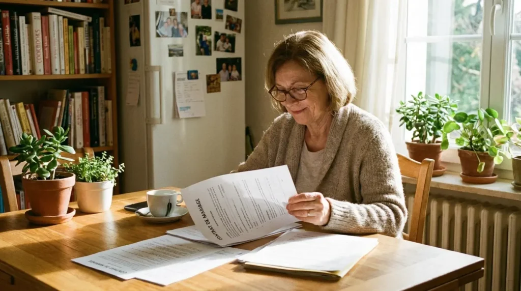 Femme veuve lisant son contrat de mariage