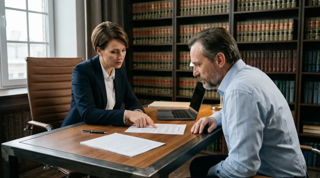 Notaire expliquant au vendeur les clauses de vente en l'état