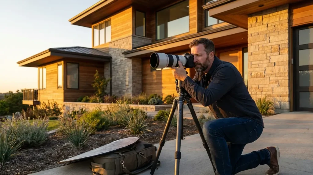 Photographe immobilier professionnel dans le jardin d'une maison