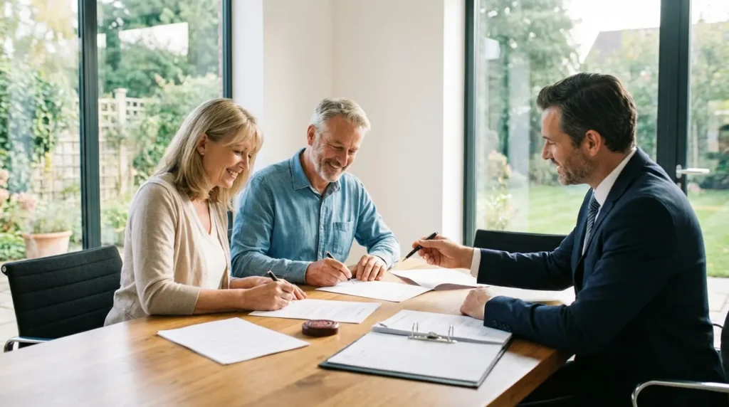 Acheteurs signant pour l'achat d'une maison en l'état