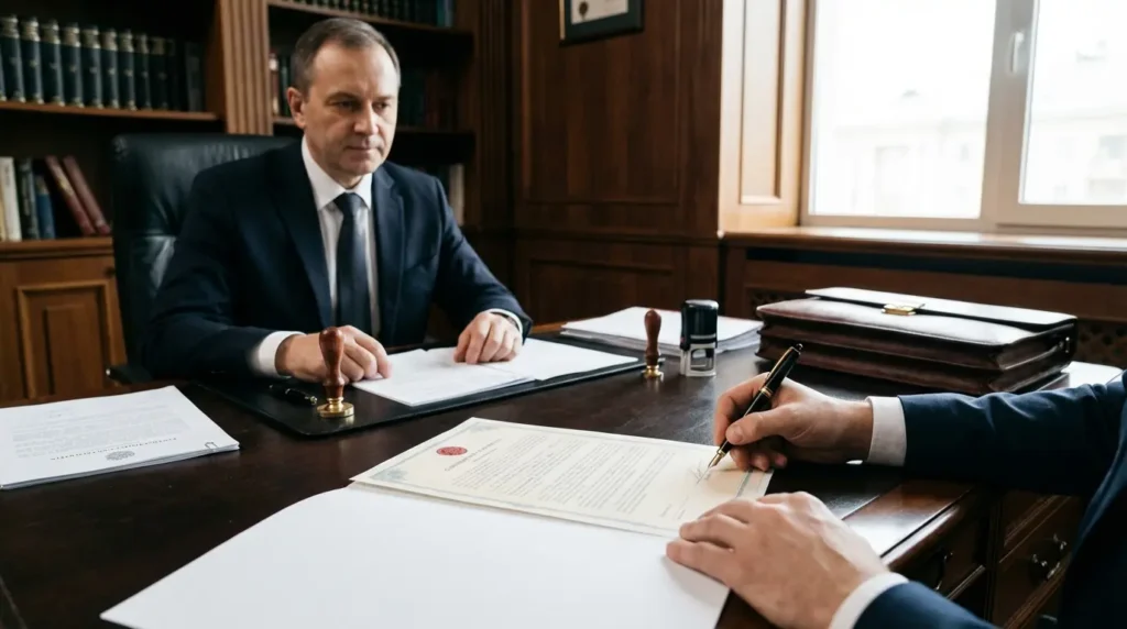 Signature d'un compromis de vente chez le notaire