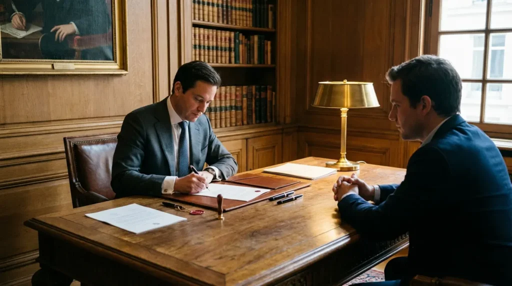 Signature d'un acte notariale chez le notaire