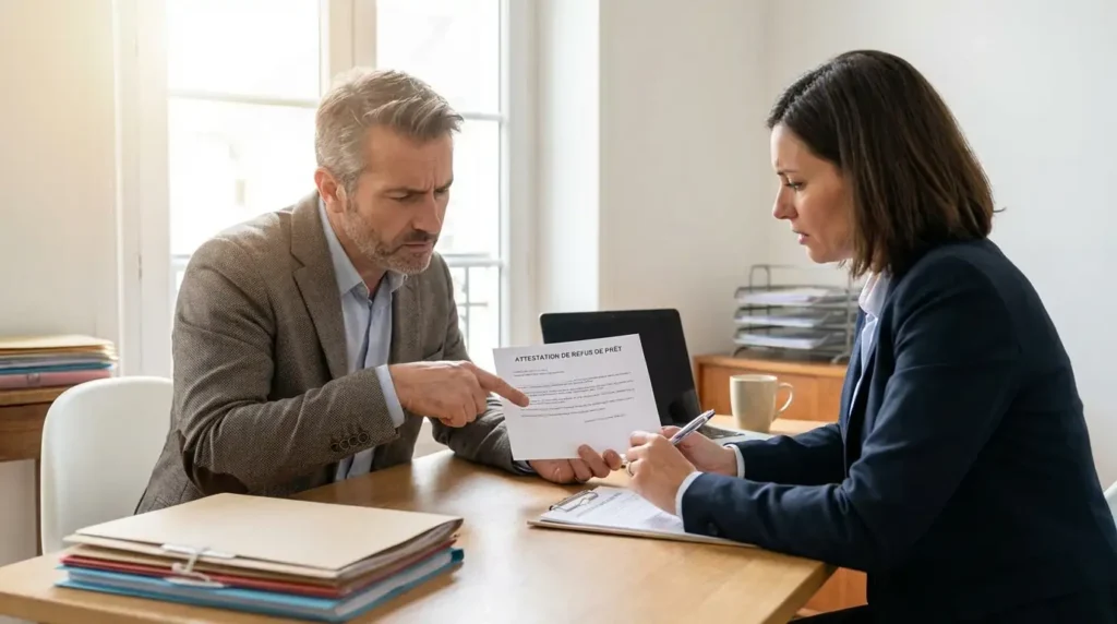Acheteur présentant son refus de prêt au vendeur