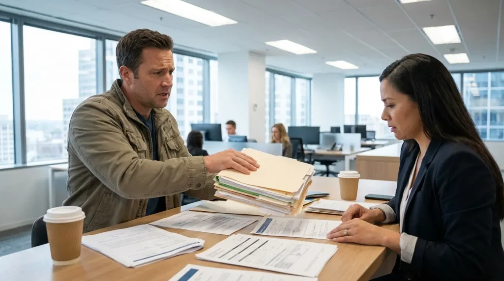 Acheteur présentant son dossier bancaire avec refus de prêt