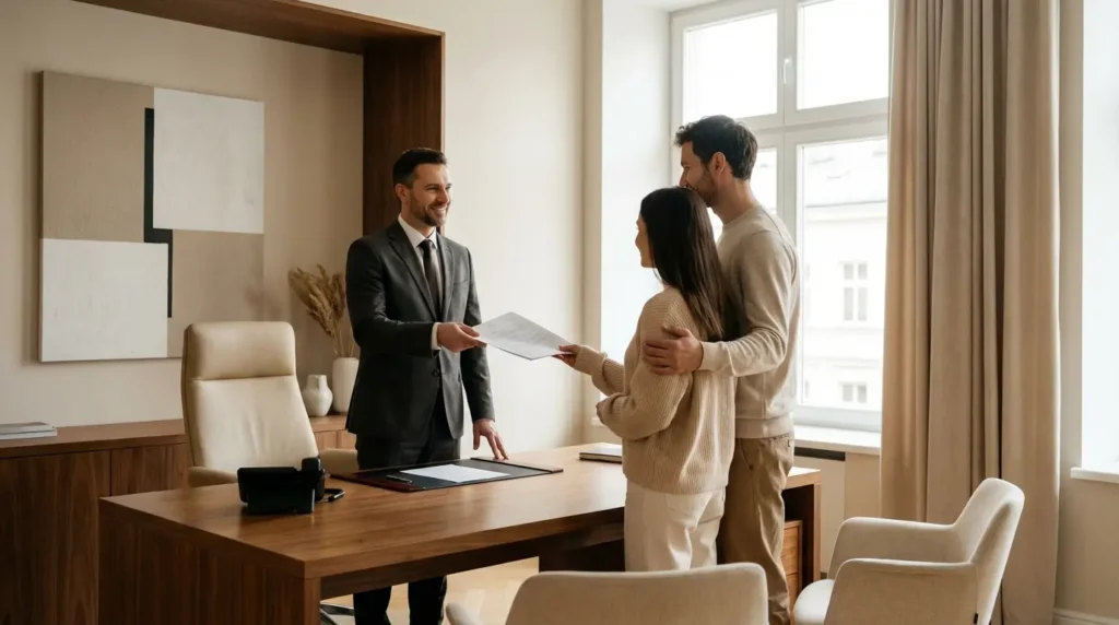 Acheteurs transmettant des documents au notaire