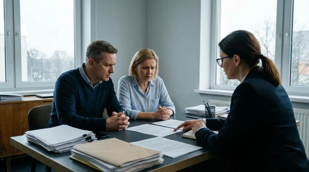 Banquière annonçant le refus de prêt à des acheteurs immobilier