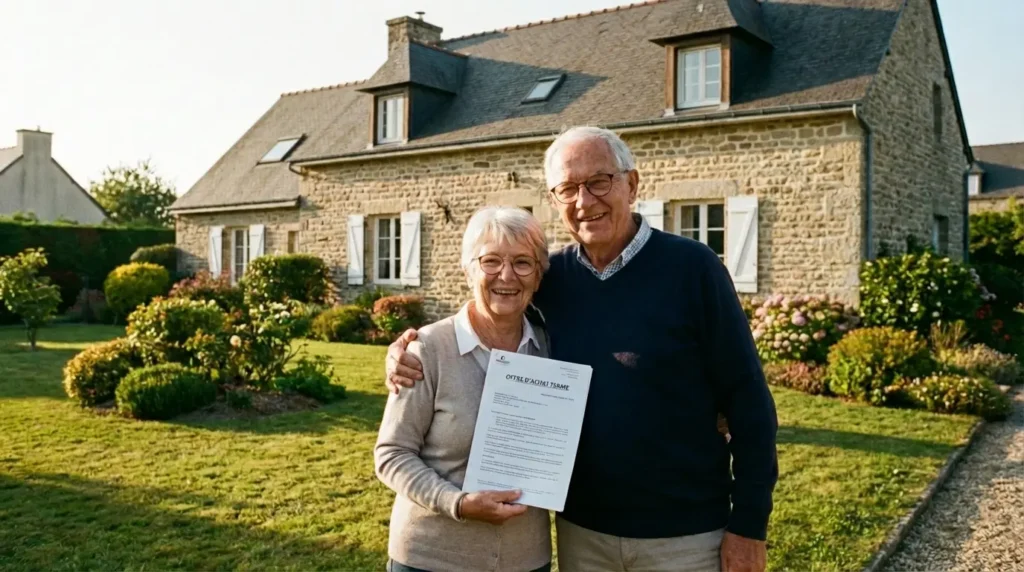 Couple de vendeur avec offre d'achat signée devant leur maison