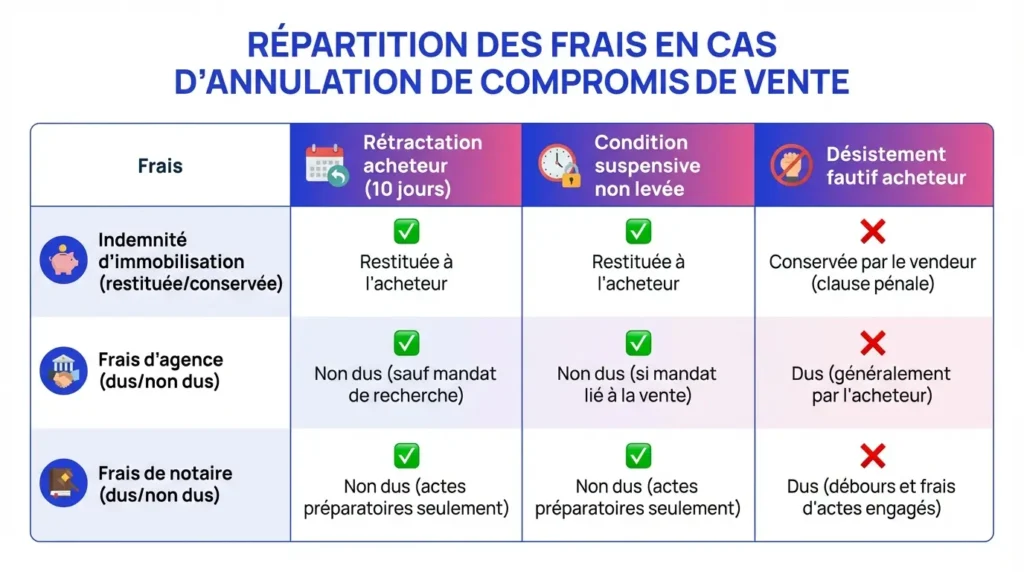 Répartition des frais en cas d'annulation de compromis de vente selon les situation