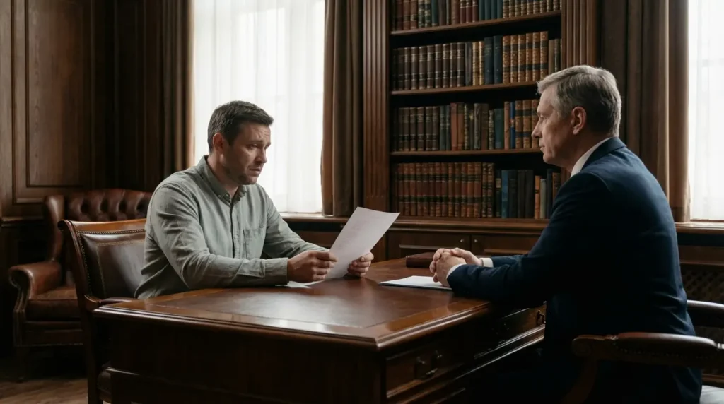 Vendeur découvrant le compromis de vente chez le notaire