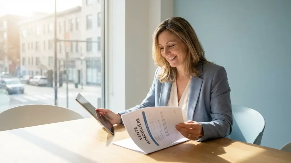 Femme soulagé en lisant le dossier de vente immobilière