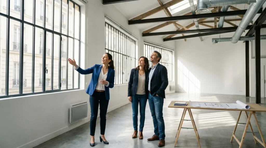 Agente immobilier faisant visiter un local commercial