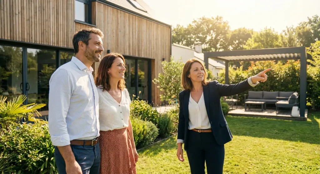 Agente immobilière faisant visiter un bien à un couple d'acheteurs