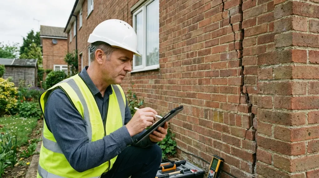 Expert rédigeant un rapport sur la nature d'une fissure