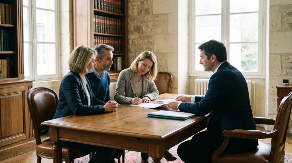 Famille héritière autour d'un notaire