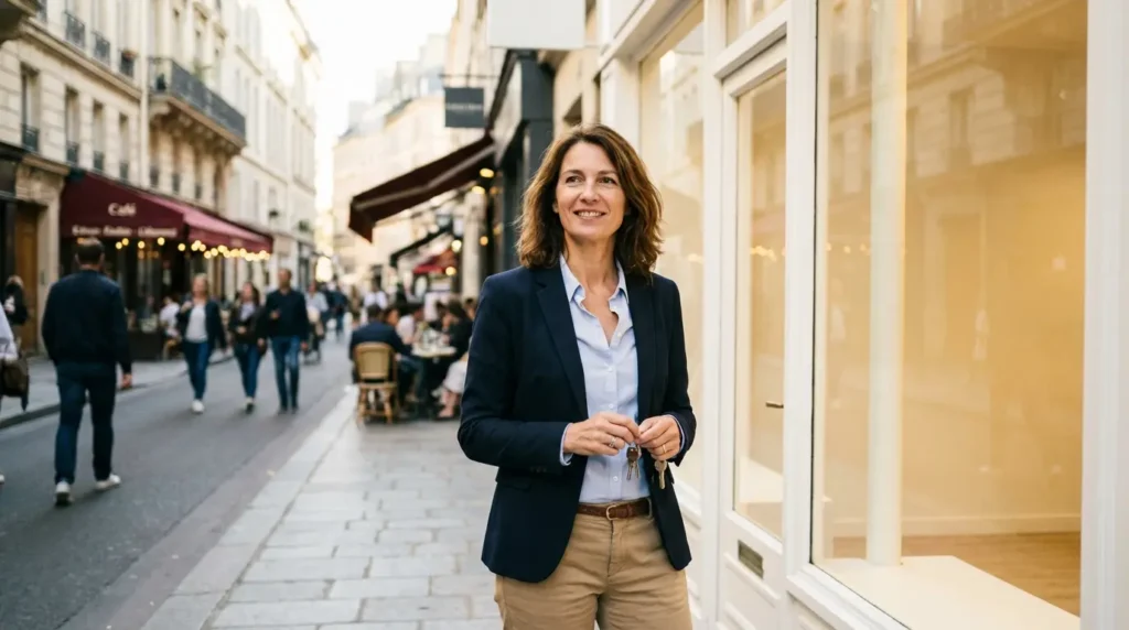 Femme devant un local commercial à vendre