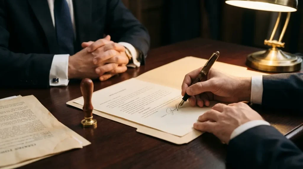 Signature d'un accord de vente chez le notaire