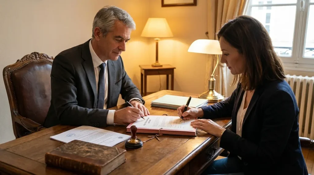 Signature d'un acte de vente pour immeuble de rapport chez le notaire