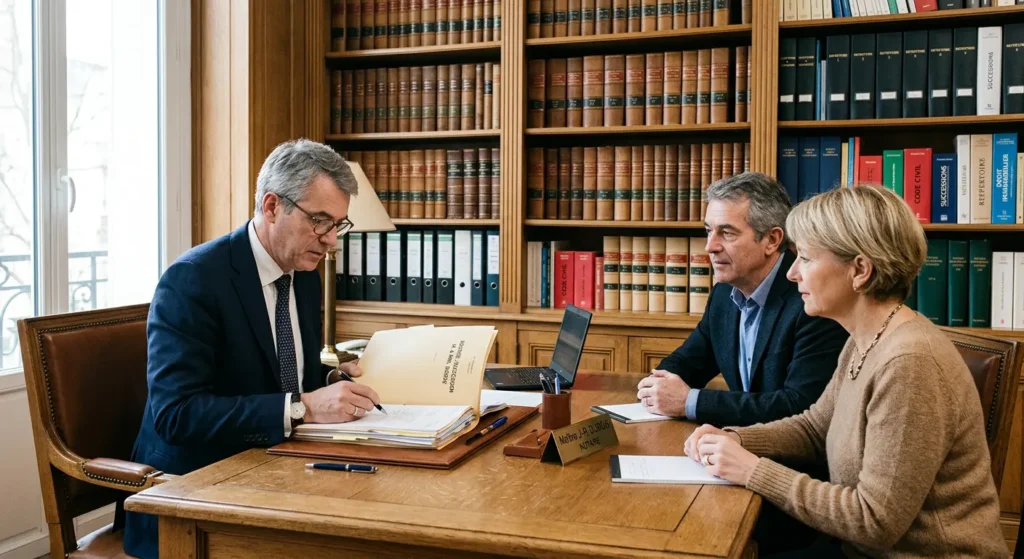 Couple chez le notaire pour signer un acte de vente