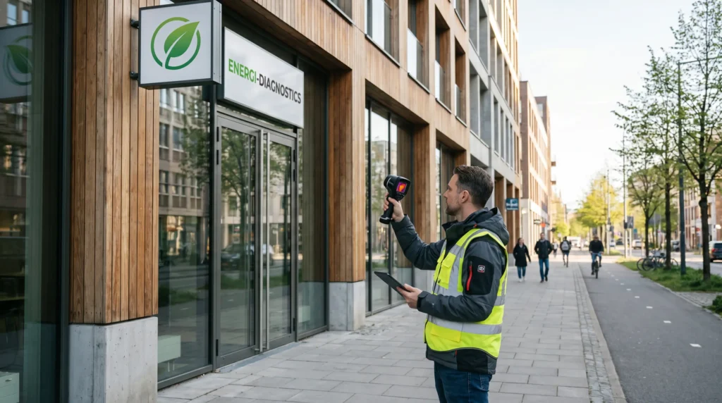 Diagnostiqueur devant un local commercial
