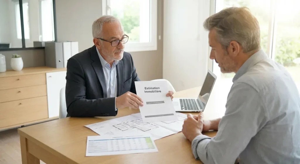 Expert immobilier présentant un document à un vendeur