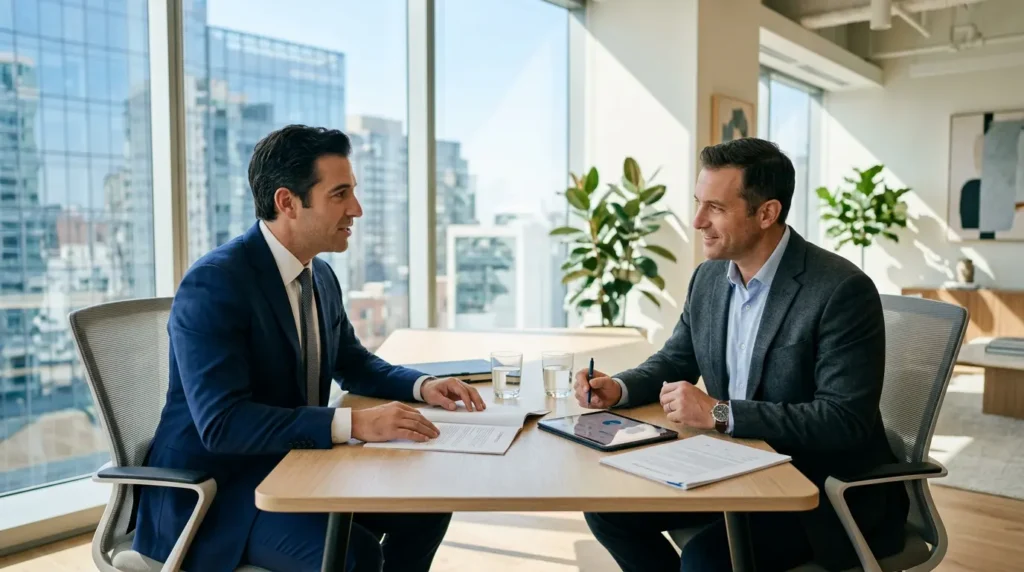 Experts immobilier en discussion autour d'un projet de rénovation d'un local commercial