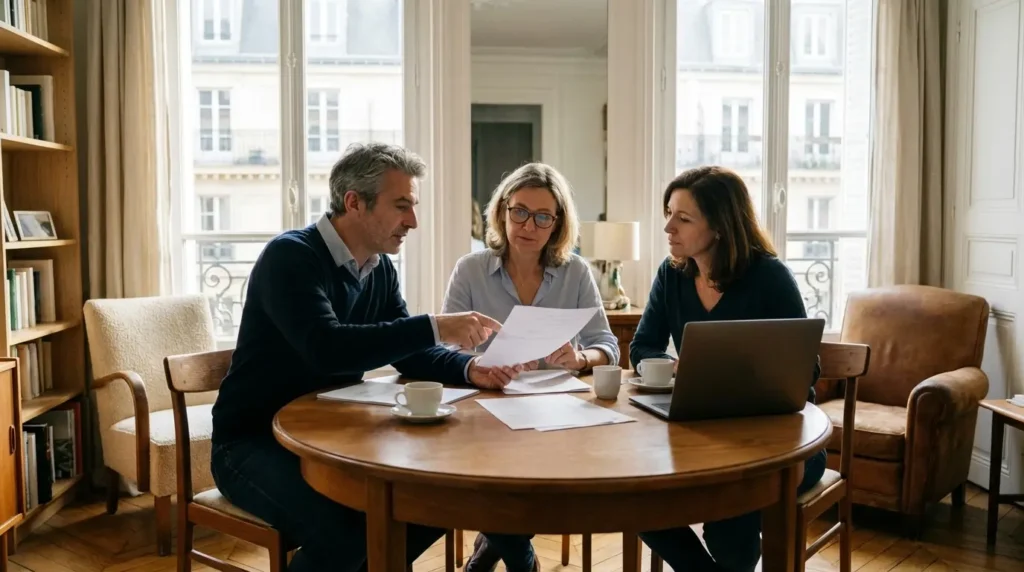 Famille héritière en discussion sur la gestion des frais de succession