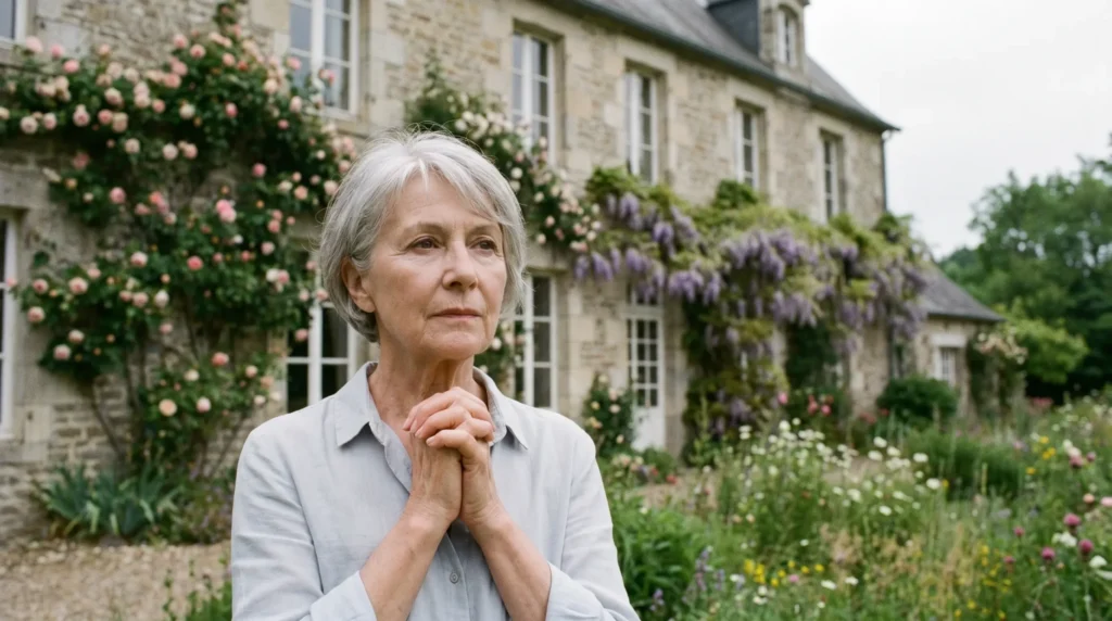 Femme veuve devant sa maison