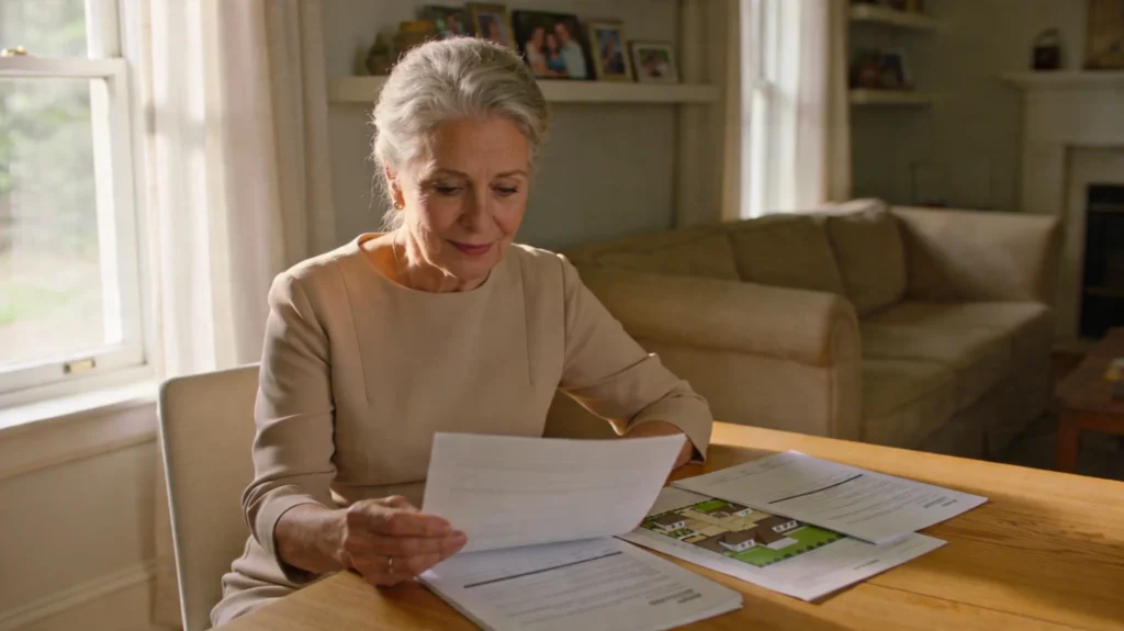 Femme veuve lisant des documents concernant sa maison