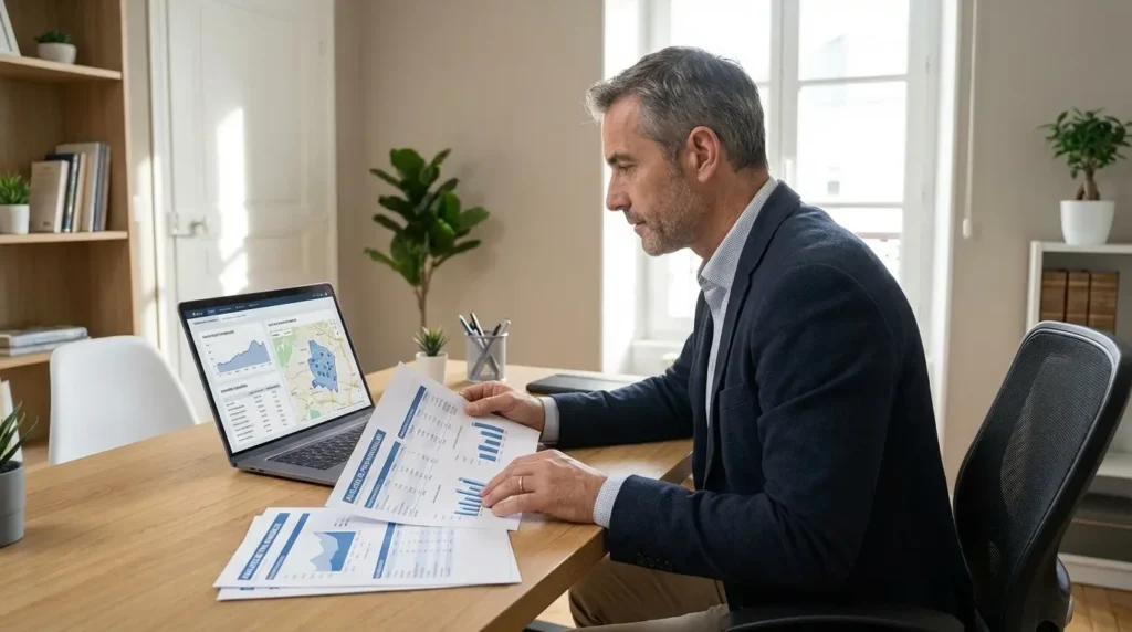 Professionnel immobilier comparant les chiffres d'un local commercial