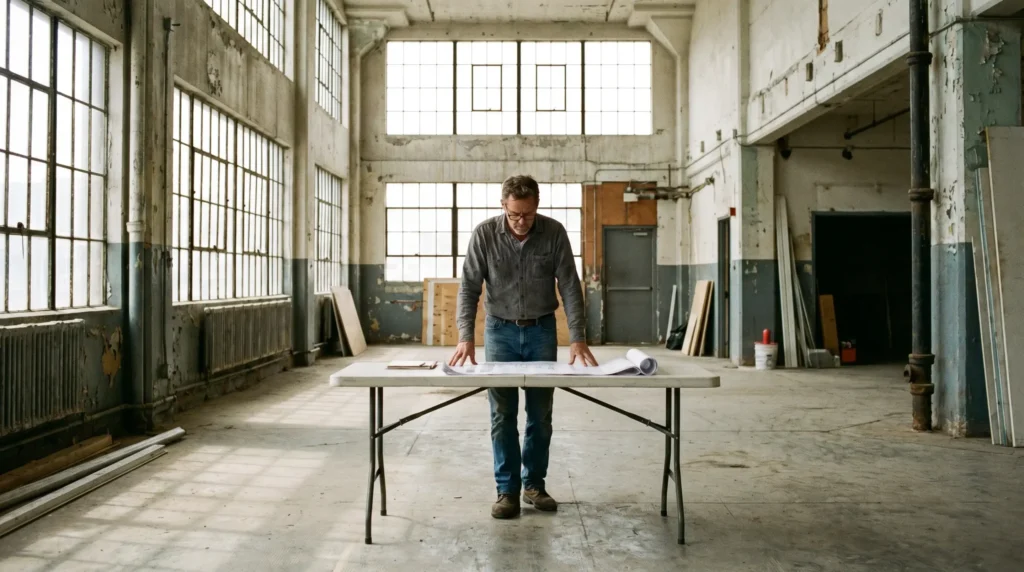 Propriétaire devant les plans de rénovation d'un local commercial