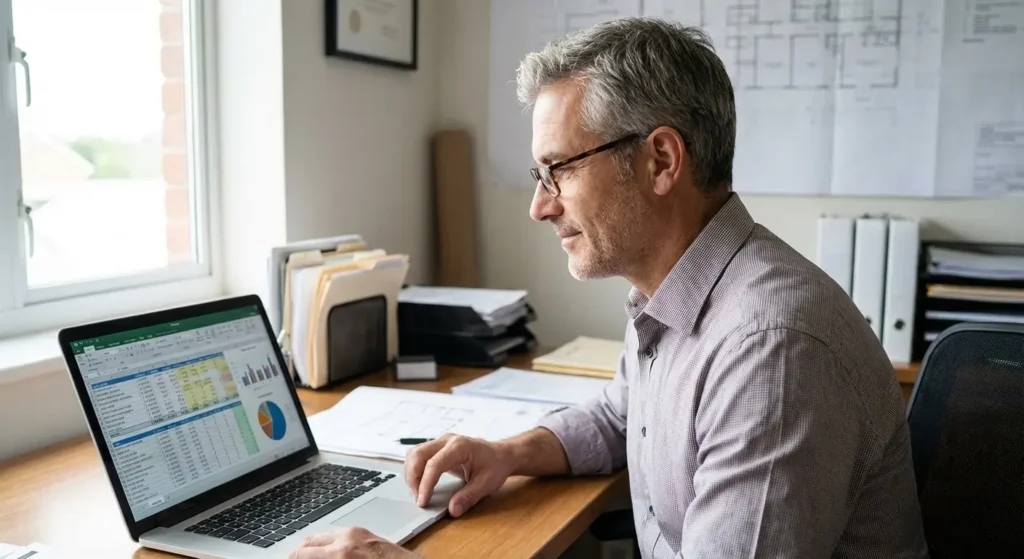 Propriétaire d'un local commercial vérifiant les chiffres de son bien