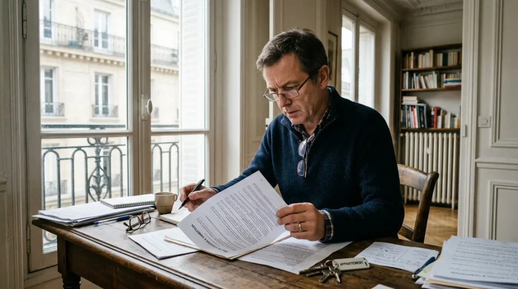 Propriétaire relisant le bail avec son locataire