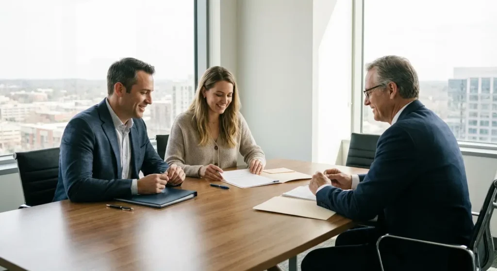 Réunion entre propriétaire et acheteurs d'un local commercial