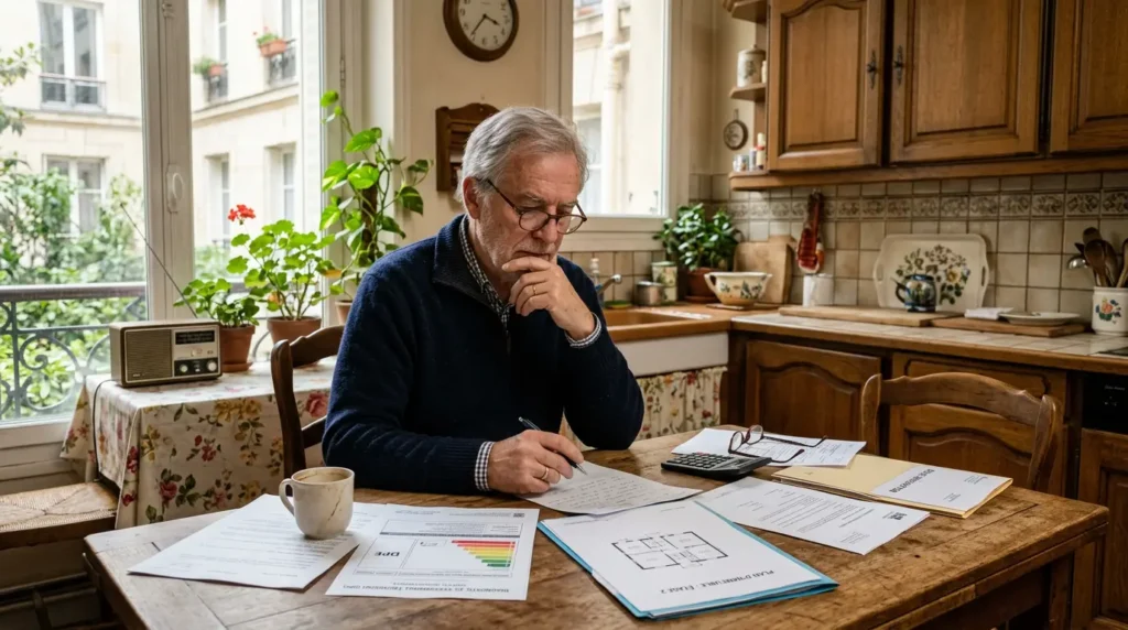 Propriétaire d'un immeuble devant les plans