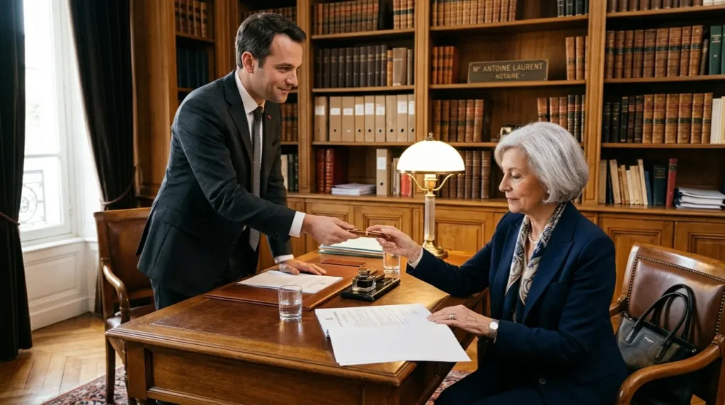 Signature de la vente d'usufruit chez le notaire