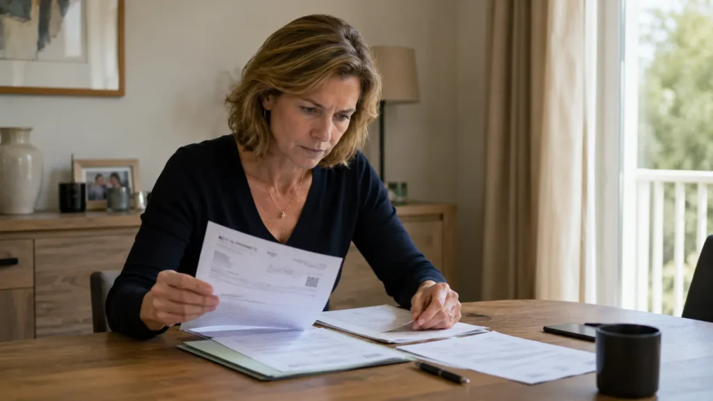 Femme de 50 ans consultants les documents du notaire concernant un bien immobilier