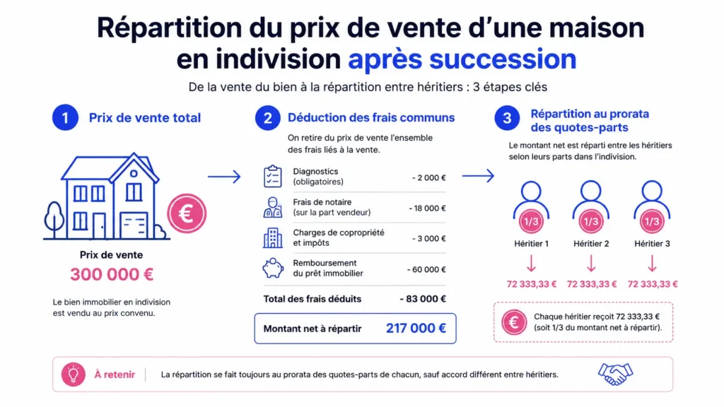 Répartition du prix de vente d'une maison en indivision après succession