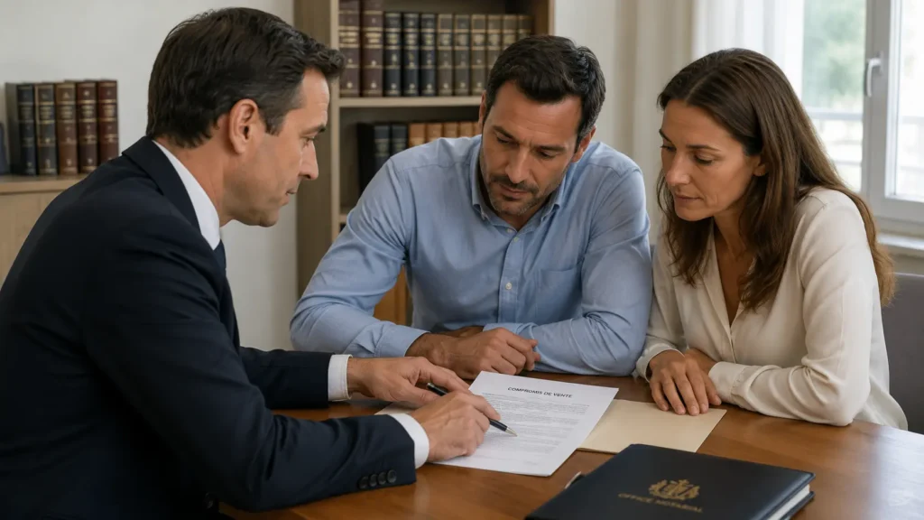 Notaire montrant une clause suspensive à un couple