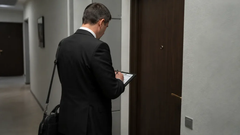 Propriétaire devant la porte d'entrée de son locataire