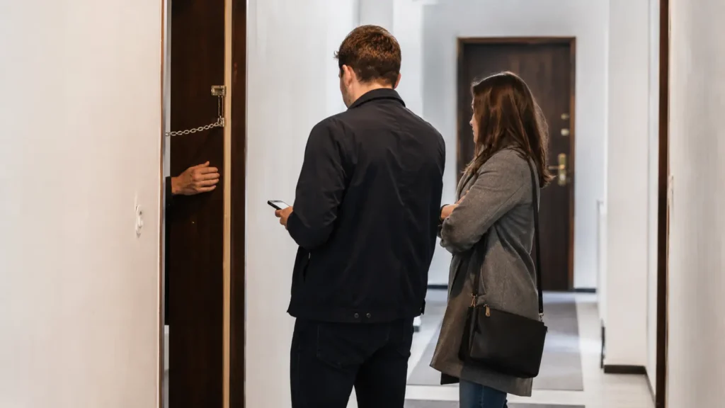 Propriétaire et potentiel acheteur pour la visite d'un appartement loué